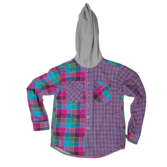 L.L.Bean Kids Flannel Shirt Hoodie Plaid Patchwork Cotton Blend S 8 Cozy‎ Warm - Picture 1 of 10